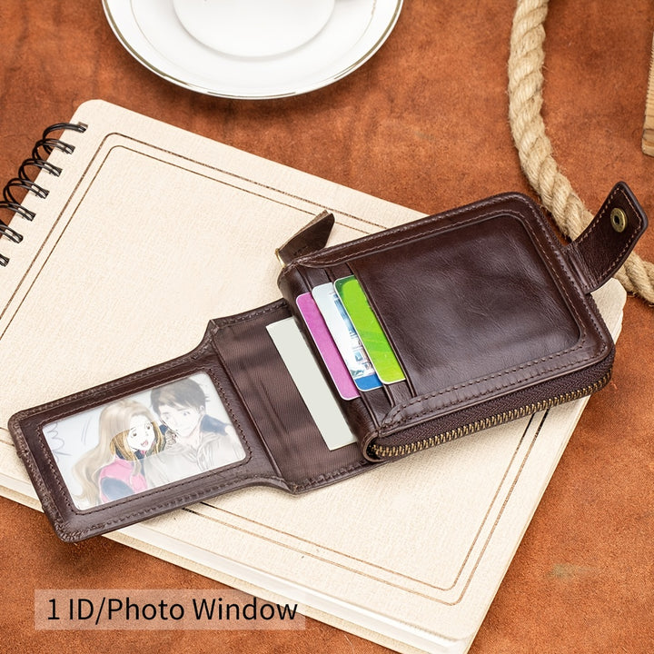 Men's Retro Genuine Leather Multi-Card Wallet with Zip, Large Capacity, Anti-Theft