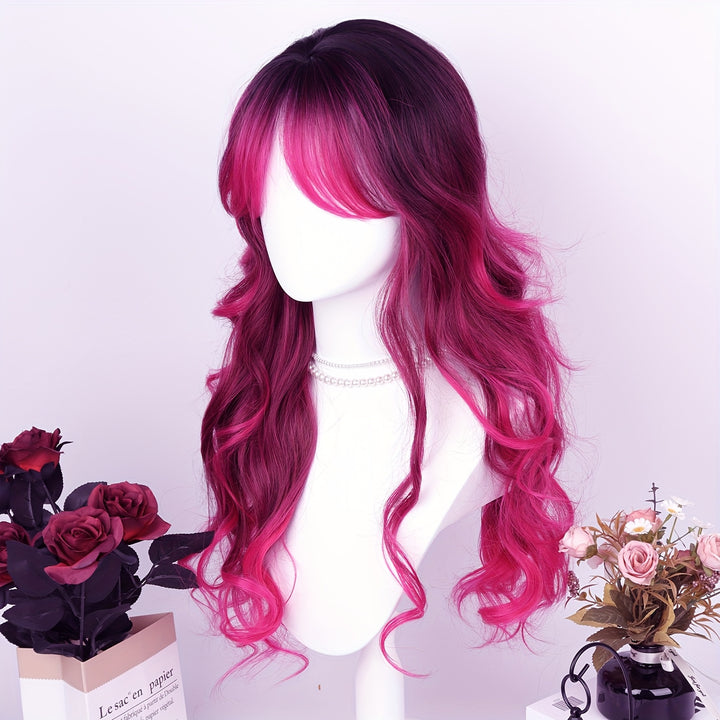 28" Heat Resistant Synthetic Hair Long Wavy Wig with Air Bangs - 150% Density Rose Net Cap for Women, Elegant Curly Wave Style for Parties, Christmas & Casual Attire, Everyday Wig | Chic Appearance | Synthetic Hair Wig, Wig A