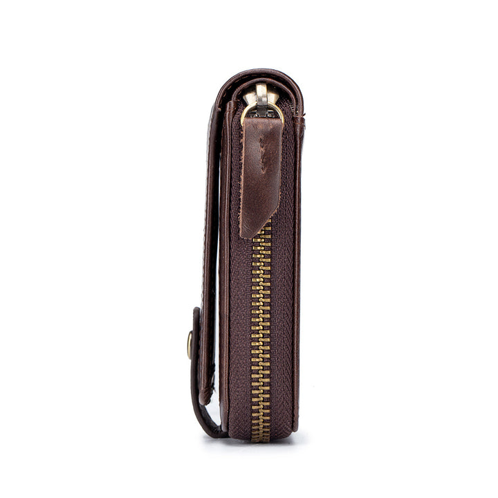 Men's Retro Genuine Leather Multi-Card Wallet with Zip, Large Capacity, Anti-Theft