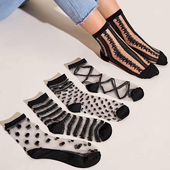 5 Pairs Lace Semi-Sheer Crew Socks, Cute & Comfortable Mesh Stockings, Women's Socks & Hosiery