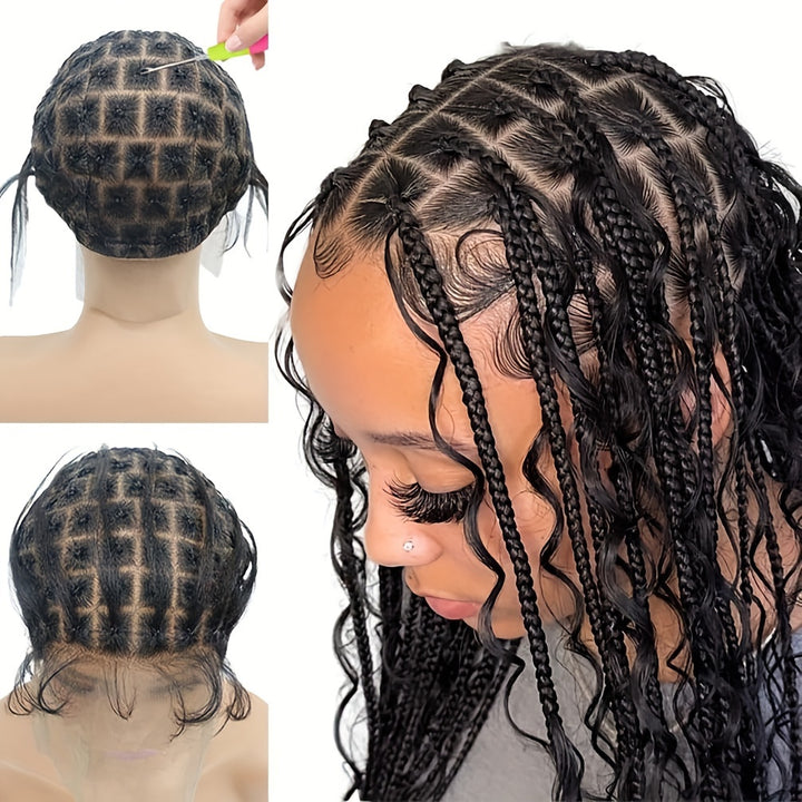 [Natural Braided Wig with Bangs] 95 Sections Glueless Full HD Lace Crochet Wig Cap for Women - Natural Looking Braided Wig with Bangs, Easy Sew-in, Black Braid Material, Free Hooks Included