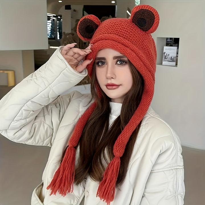 Frog Knitted Beanie Hat Lovely Frog Ear Protection Hat Winter Warm Hat Cartoon Earflap Knitted Headband Cap