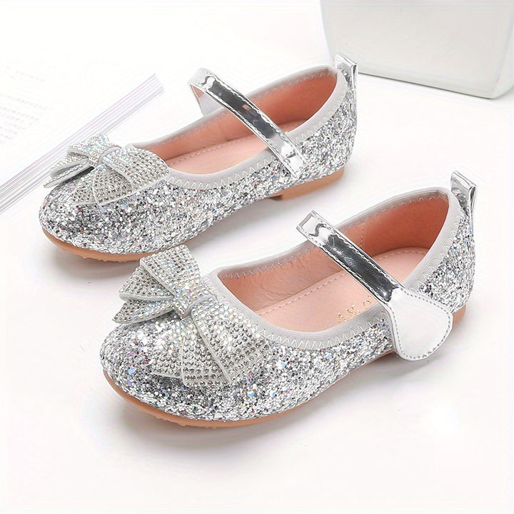 Sparkling Princess Mary Jane Ballet Flats - Soft Sole, Glitter Sequin, Rhinestone Bow Girls Shoes for Everyday Wear - Comfortable, Fashionable, and Durable