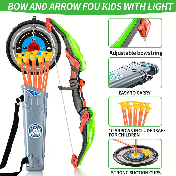 Bow And Arrow Set LED Light Up Archery Toy Set With 10 Suction Cup Arrows, Target & Quiver, Indoor And Outdoor Toys Archery Boys Toys Gifts [Accessories Random Color]