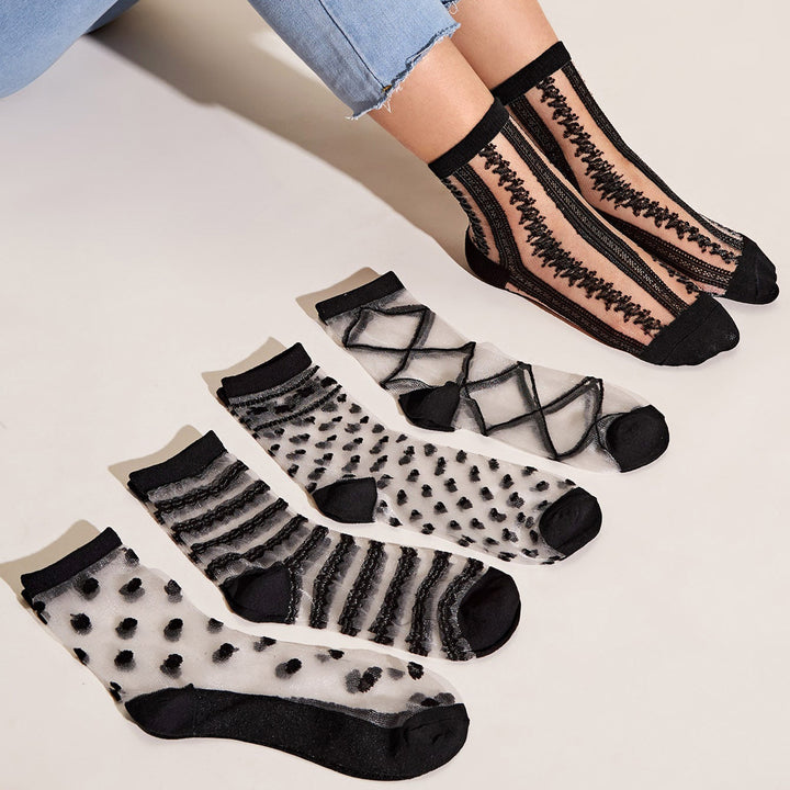 5 Pairs Lace Semi-Sheer Crew Socks, Cute & Comfortable Mesh Stockings, Women's Socks & Hosiery