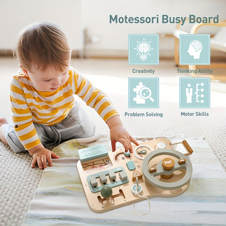 Drive Learning Through Play!
This wooden steering wheel busy board helps kids develop motor skills, problem-solving, and road sign recognition—all while having fun! Made from smooth, burr-free plywood in vibrant colors. Perfect for curious little drivers.