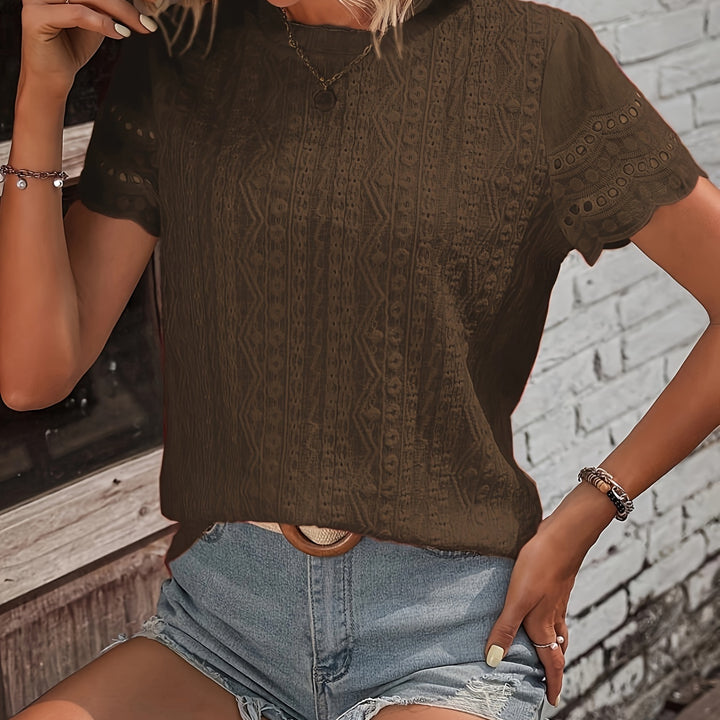 Spring/Fall Elegance: Embroidered Crew Neck Cap Sleeve Top for Women - Semi-Sheer, Easy Care, Durable Fabric