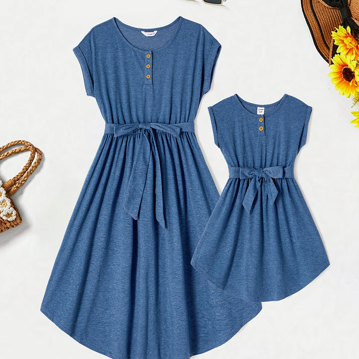 PatPat Family Matching Blue Cap-sleeve Belted Midi Dresses And Short-sleeve Striped Spliced T-shirts Sets, Men Women Baby Kid's Clothes For Family Activities