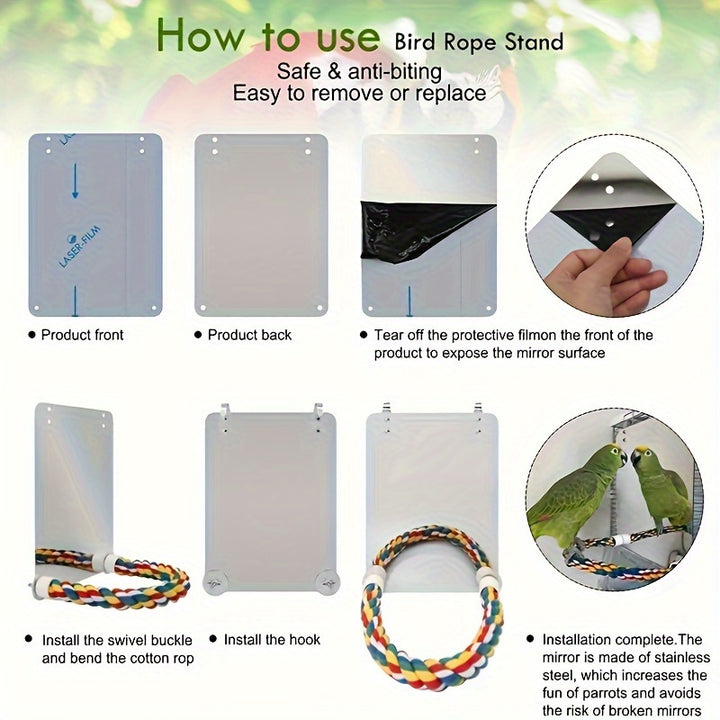 1pc Bird Mirror Bird Toys, With Cotton Rope, Bird Supplies, Parrot Chewing Toys, Bird Stands