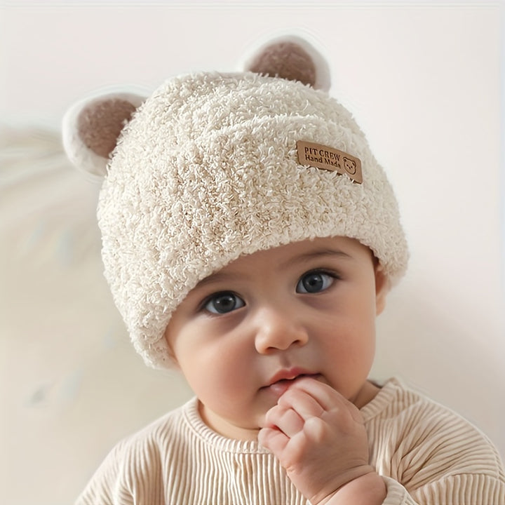 1pc Baby Plush Bear Ears Knit Cap, Children's Knitted Hats For Autumn And Winter