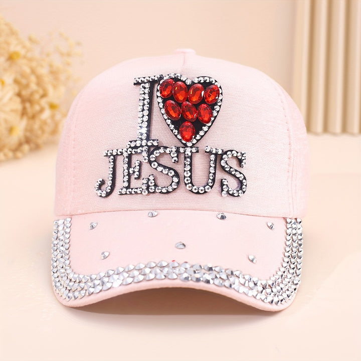 Stylish Letter Rhinestone Baseball Cap - Breathable, Adjustable, Lightweight Cotton Sun Hat for Women - Trendy Solid Color Dad Hat with Knitting Craftsmanship and Religious Theme