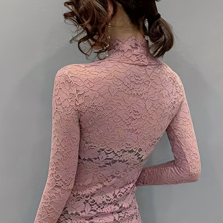 Sexy Lace Mock Neck Long Sleeve Slim Fit Top - Flattering, Breathable, and Comfortable for Spring and Fall - Women's Stylish Clothing for Everyday Wear