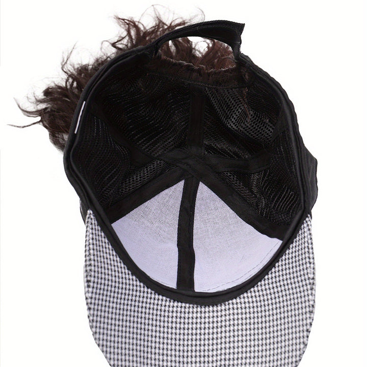 Chic Houndstooth Ponytail Baseball Cap Wig for Women - Body Wave, High-Quality Synthetic Fiber, Adjustable Rose Net Hat, Duckbill Cap, Hairpiece