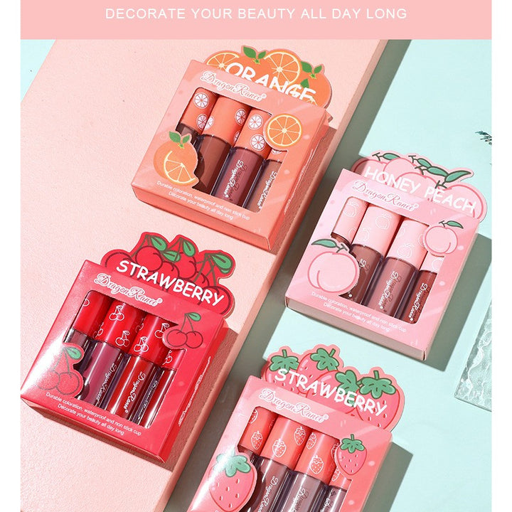 4 Pcs Strawberry Matte Lipstick Set - Lip Stains with Waterproof, Non-Stick, Velvety Finish and Long-Lasting Lip Glaze - Perfect Valentine's Day Gifts for Women with Lip Care Benefits