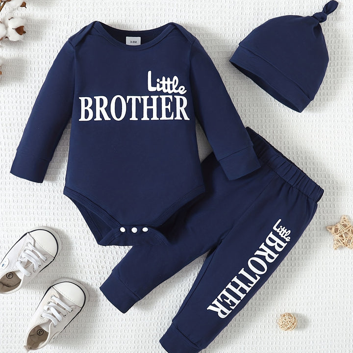 3pcs Baby Boy Long-sleeved Romper + Trousers + Hat, Casual Cotton Set