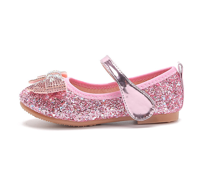 Sparkling Princess Mary Jane Ballet Flats - Soft Sole, Glitter Sequin, Rhinestone Bow Girls Shoes for Everyday Wear - Comfortable, Fashionable, and Durable