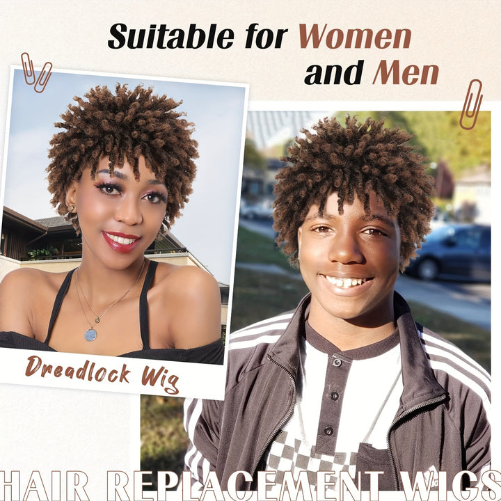 Afro Curly Faux Locs Wig, Glueless Synthetic Short Dreadlock Hairpiece, 150% Density, Rose Cap, for Women and Men, All Ethnicities, High-Temperature Fiber, Basic Style