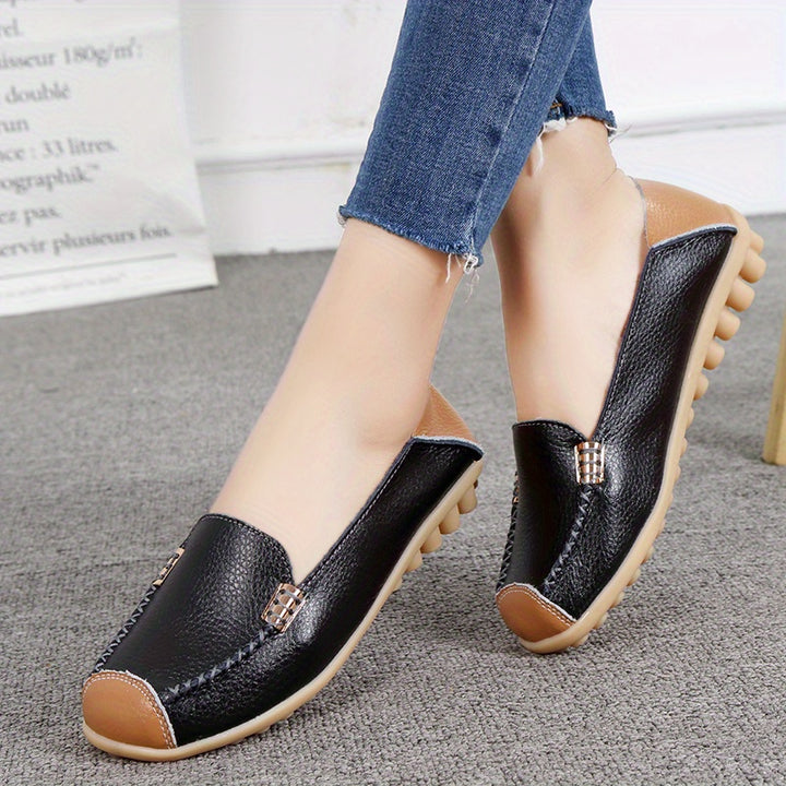 Lightweight Non Slip Women's Slip On Flat Loafers, Stitched Colorblock Walking Shoes