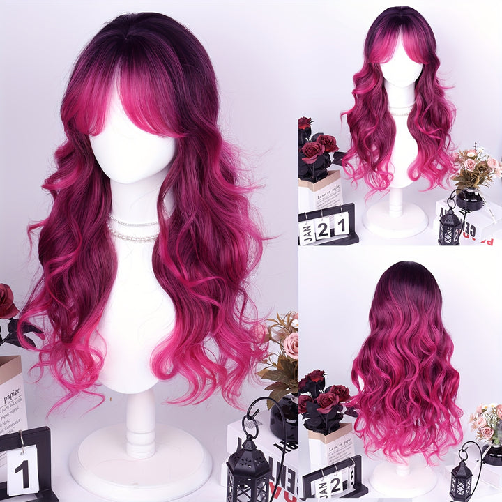 28" Heat Resistant Synthetic Hair Long Wavy Wig with Air Bangs - 150% Density Rose Net Cap for Women, Elegant Curly Wave Style for Parties, Christmas & Casual Attire, Everyday Wig | Chic Appearance | Synthetic Hair Wig, Wig A