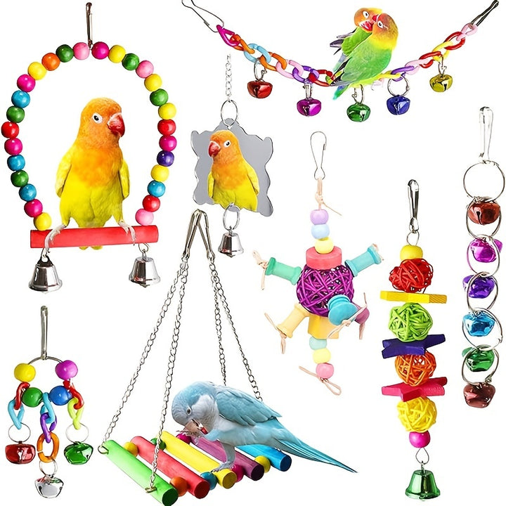 5pcs/8pcs/15pcs of Long-Tailed Parakeet Toys, Hanging Bells for Pet Bird Cages, Hammocks, Swings, Wooden Perches for Chewing, Suitable for Budgerigars, Conures, Lovebirds, Finches, And Long-Tailed Parakeets. Swinging And Stan