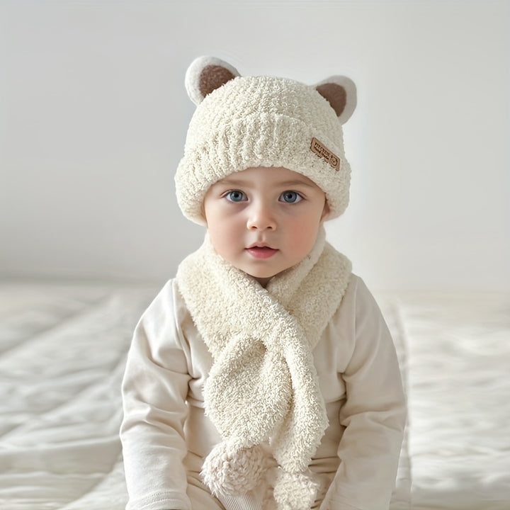 1pc Baby Plush Bear Ears Knit Cap, Children's Knitted Hats For Autumn And Winter