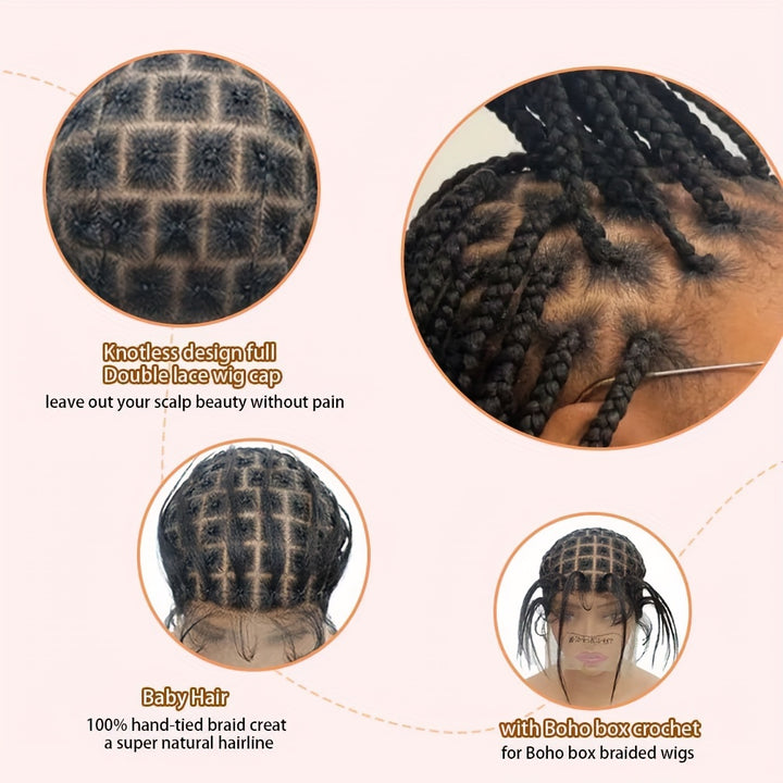 [Natural Braided Wig with Bangs] 95 Sections Glueless Full HD Lace Crochet Wig Cap for Women - Natural Looking Braided Wig with Bangs, Easy Sew-in, Black Braid Material, Free Hooks Included