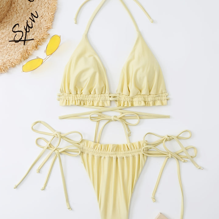 New Bikini Set with Multiple Straps and Bow Swimwear for Women's Solid Color One-Shoulder Swimsuit