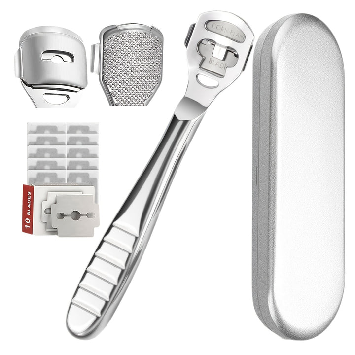 ZIMAPA Stainless Steel Foot File Set, Professional Pedicure Callus Remover with 10 Replacement Heads, Unscented Hard Skin Scraper for Smooth Feet