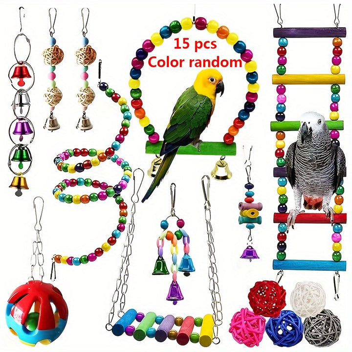 5pcs/8pcs/15pcs of Long-Tailed Parakeet Toys, Hanging Bells for Pet Bird Cages, Hammocks, Swings, Wooden Perches for Chewing, Suitable for Budgerigars, Conures, Lovebirds, Finches, And Long-Tailed Parakeets. Swinging And Stan