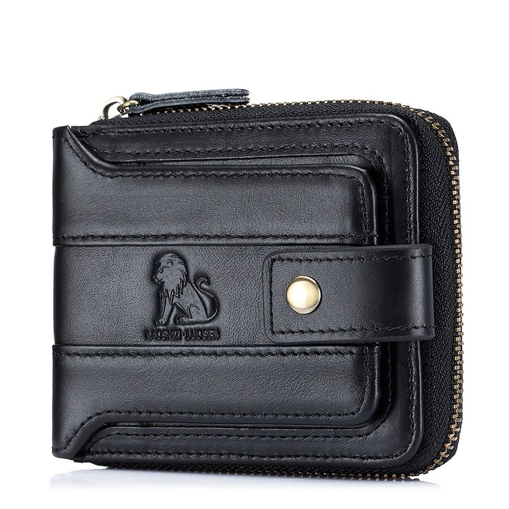 Men's Retro Genuine Leather Multi-Card Wallet with Zip, Large Capacity, Anti-Theft