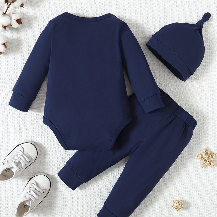 3pcs Baby Boy Long-sleeved Romper + Trousers + Hat, Casual Cotton Set