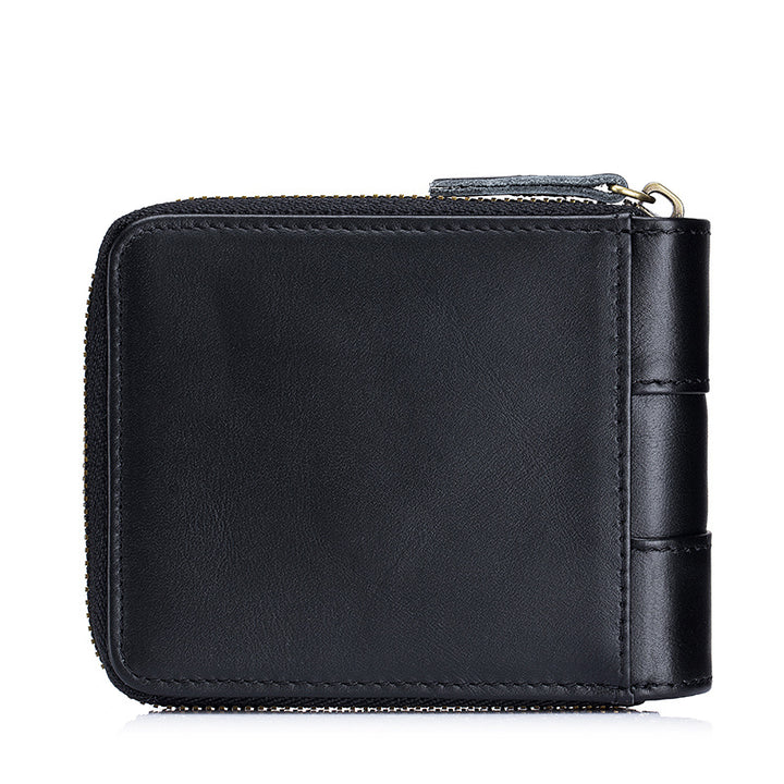 Men's Retro Genuine Leather Multi-Card Wallet with Zip, Large Capacity, Anti-Theft
