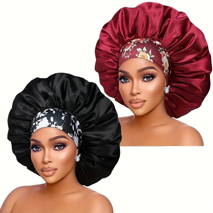 2pcs/set Oversized Satin Bonnet Flower Printed Band Imitation Silk Soft Sleeping Night Cap Elastic Lightweight Hair Bonnets For Women daily use