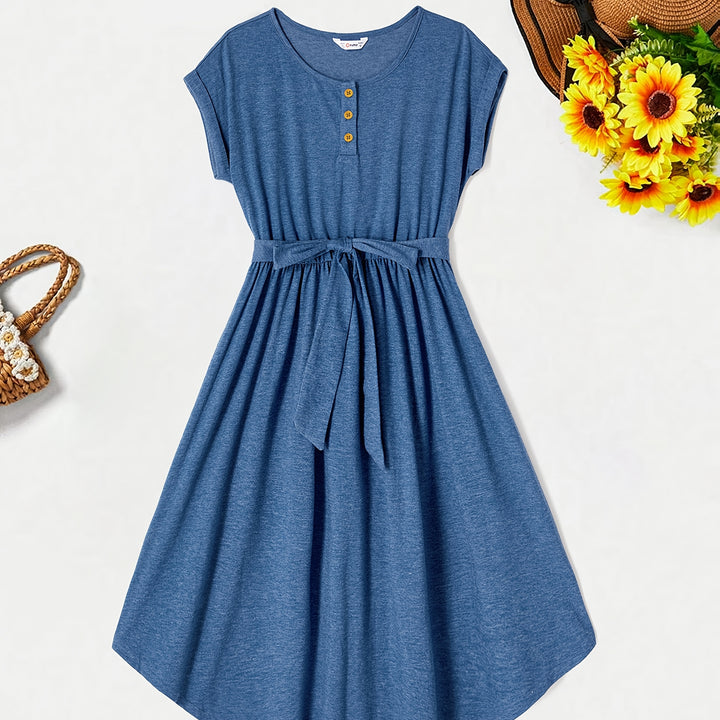 PatPat Family Matching Blue Cap-sleeve Belted Midi Dresses And Short-sleeve Striped Spliced T-shirts Sets, Men Women Baby Kid's Clothes For Family Activities
