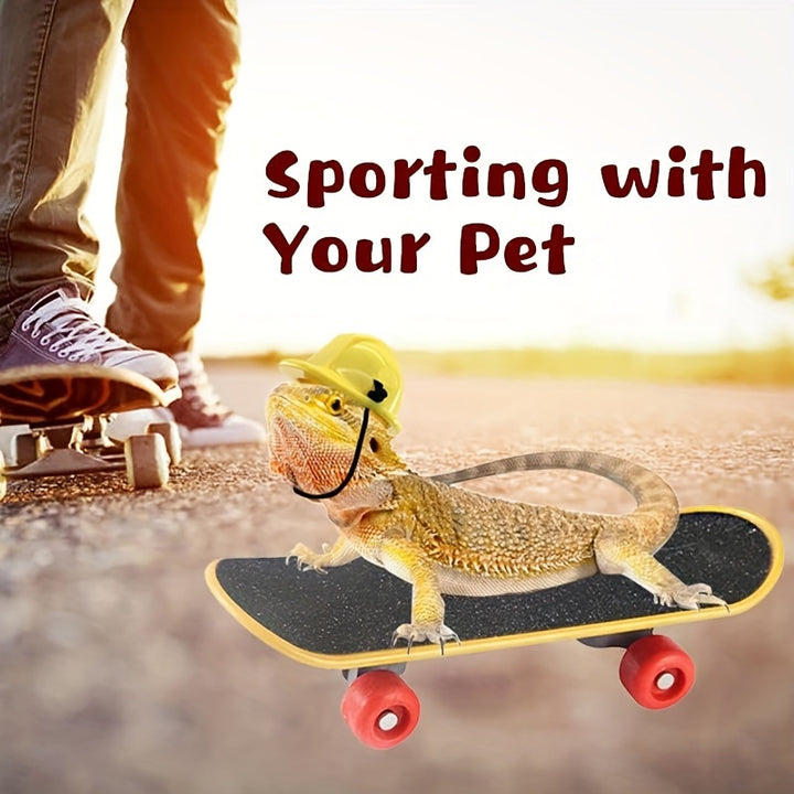 4pcs/Set Reptile Training Toys, 2pcs Plastic Mini Skateboard Bird Toys With 2pcs Hats, Bearded Dragon Lizard Construction Helmet Hats And Mini Scooter, Pet Training Supplies For Self-Amusement