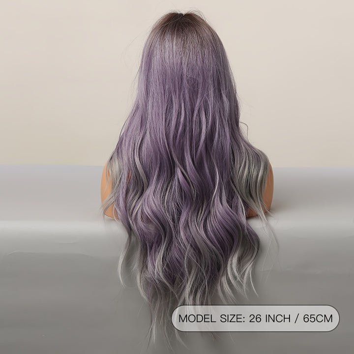 Luminous Butterfly Cut Ombre Purple Wig - Womens Long, Natural Wavy Synthetic Hair with Heat Resistant Fiber, Dark Brown Roots, and Flattering 26 Inch Middle Part