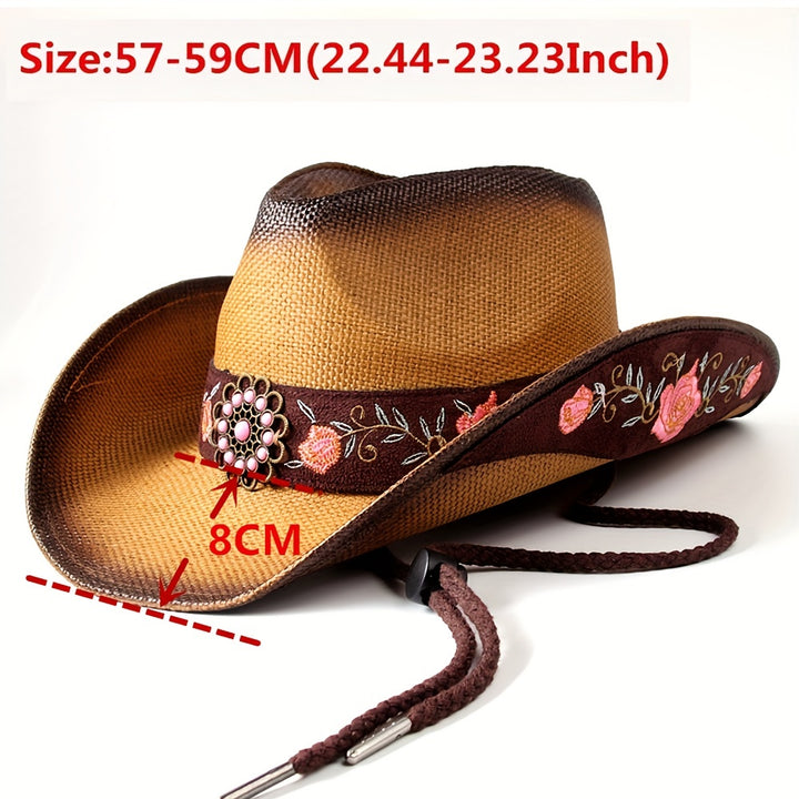 [Elegant Western Cowboy Hat] Natural Straw Western Cowboy Hat - Elegant Women's with Floral Embroidery, Sun Protection, Adjustable Drawstring, Perfect for Summer Outdoor Adventures