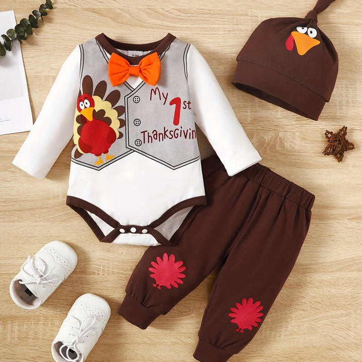 Baby Hot Thanksgiving Turkey Cute Suit, Long-sleeved Romper & Hat &Pants Set 3 Pcs