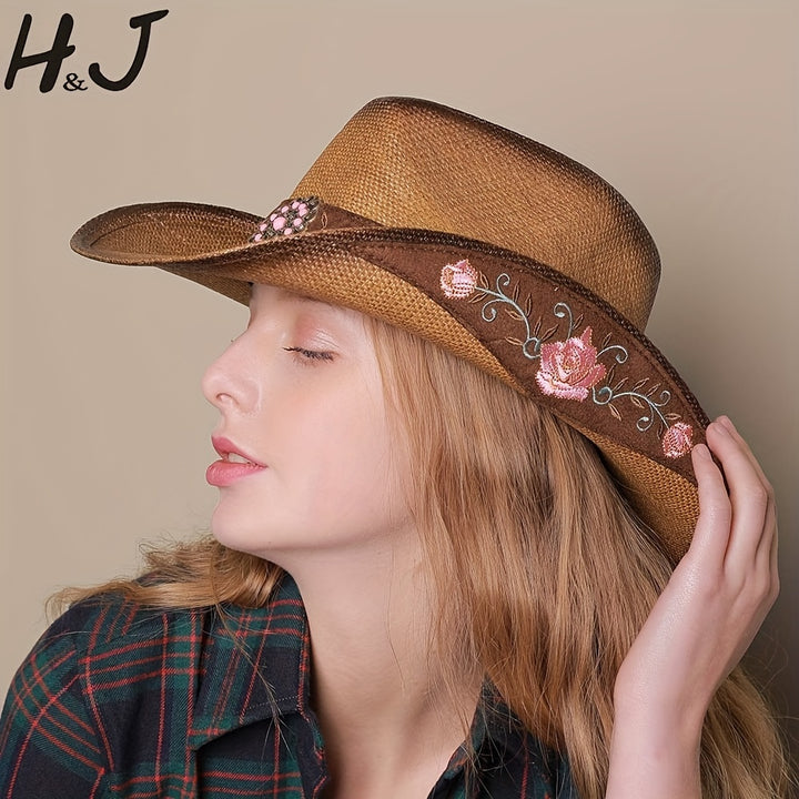 [Elegant Western Cowboy Hat] Natural Straw Western Cowboy Hat - Elegant Women's with Floral Embroidery, Sun Protection, Adjustable Drawstring, Perfect for Summer Outdoor Adventures