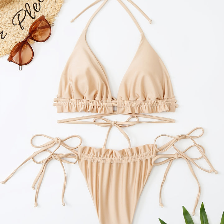 New Bikini Set with Multiple Straps and Bow Swimwear for Women's Solid Color One-Shoulder Swimsuit