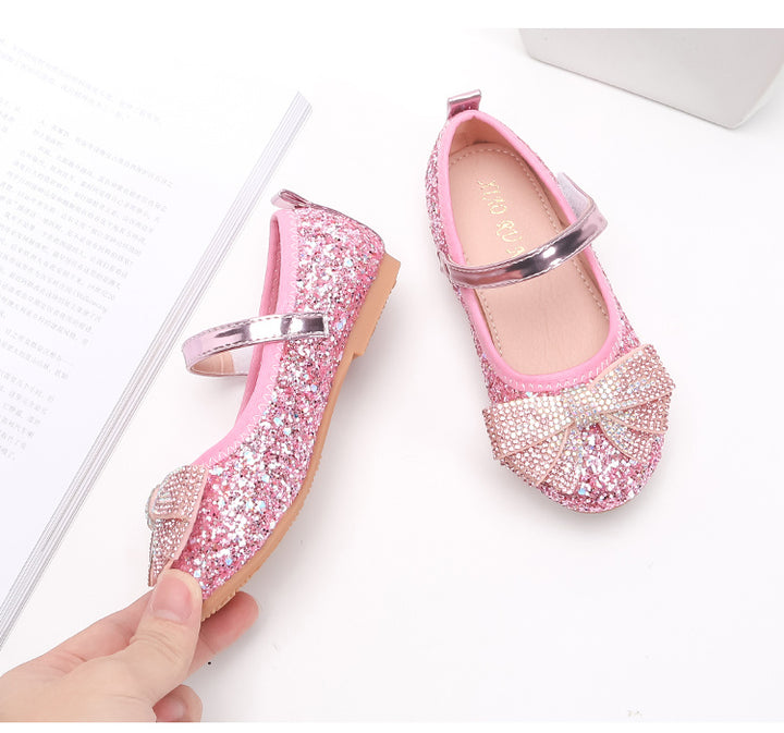 Sparkling Princess Mary Jane Ballet Flats - Soft Sole, Glitter Sequin, Rhinestone Bow Girls Shoes for Everyday Wear - Comfortable, Fashionable, and Durable