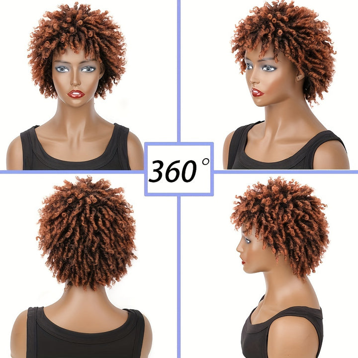 Afro Curly Faux Locs Wig, Glueless Synthetic Short Dreadlock Hairpiece, 150% Density, Rose Cap, for Women and Men, All Ethnicities, High-Temperature Fiber, Basic Style