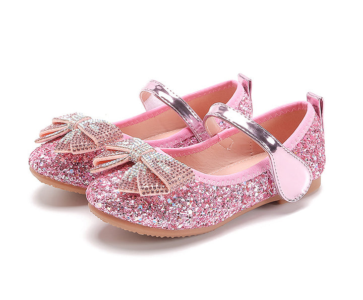 Sparkling Princess Mary Jane Ballet Flats - Soft Sole, Glitter Sequin, Rhinestone Bow Girls Shoes for Everyday Wear - Comfortable, Fashionable, and Durable