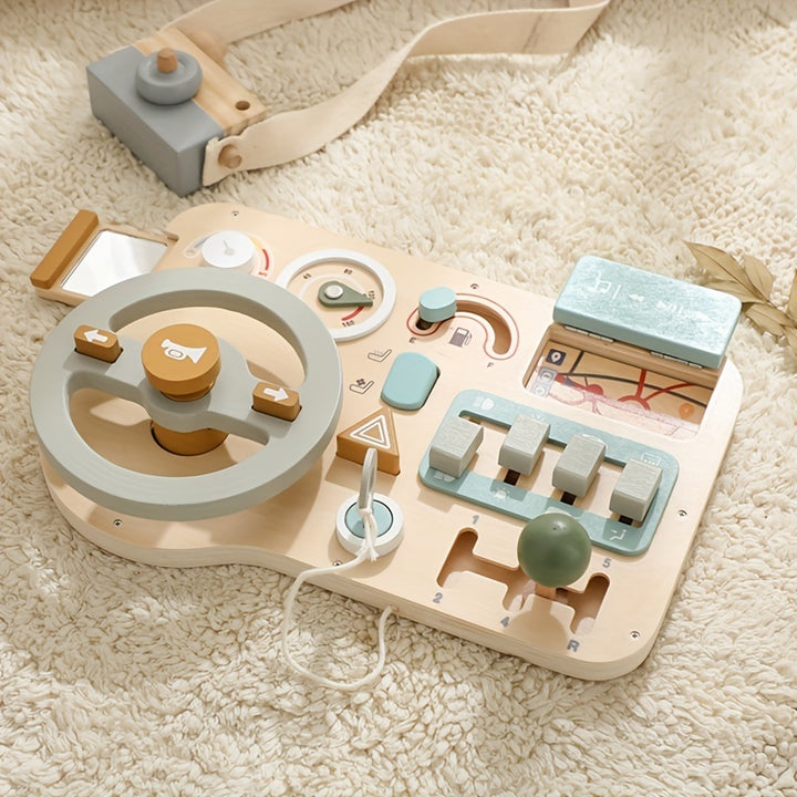 Drive Learning Through Play!
This wooden steering wheel busy board helps kids develop motor skills, problem-solving, and road sign recognition—all while having fun! Made from smooth, burr-free plywood in vibrant colors. Perfect for curious little drivers.