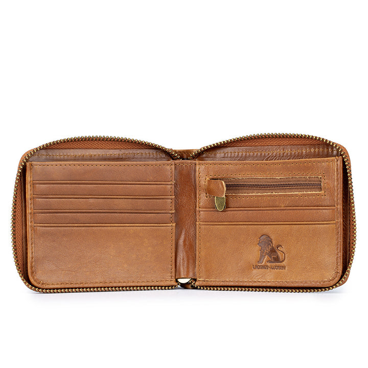 Men's Retro Genuine Leather Multi-Card Wallet with Zip, Large Capacity, Anti-Theft