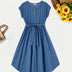PatPat Family Matching Blue Cap-sleeve Belted Midi Dresses And Short-sleeve Striped Spliced T-shirts Sets, Men Women Baby Kid's Clothes For Family Activities
