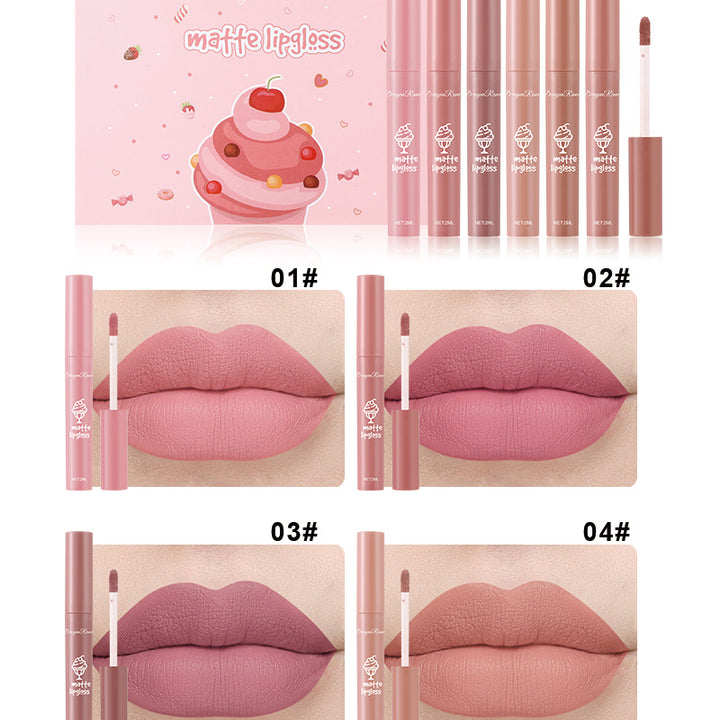 6 Pcs Lip Glaze Lipstick 6 Sets Non Stick Cup Nude Skin Color Lip Gloss Cute Set Box Long Lasting Non Stick Cup Does Not Fade Waterproof Lip Gloss Lipstick Gel, Valentine's Day Gifts For Women