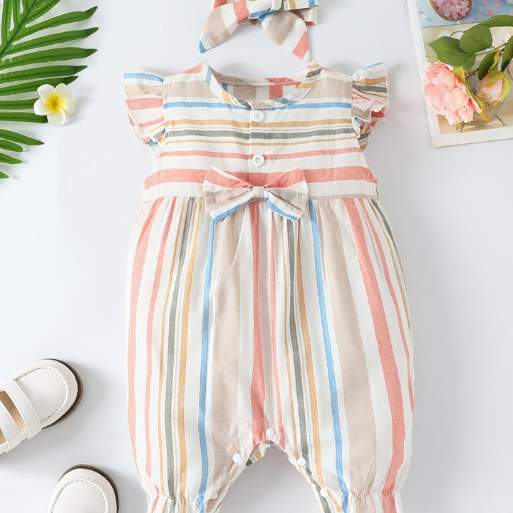 Baby Girls Striped Ruffled Romper Set with Bow Headband for Summer