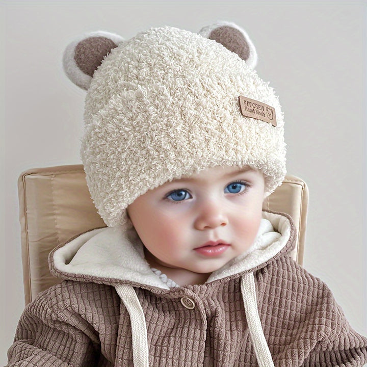 1pc Baby Plush Bear Ears Knit Cap, Children's Knitted Hats For Autumn And Winter