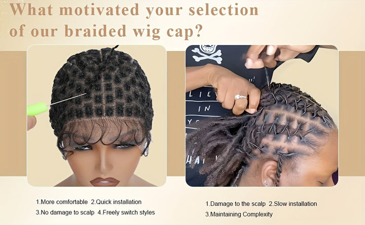 [Natural Braided Wig with Bangs] 95 Sections Glueless Full HD Lace Crochet Wig Cap for Women - Natural Looking Braided Wig with Bangs, Easy Sew-in, Black Braid Material, Free Hooks Included